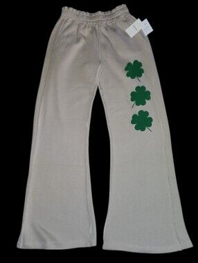 Women's Beige Sweatpants with Green Clover Graphics